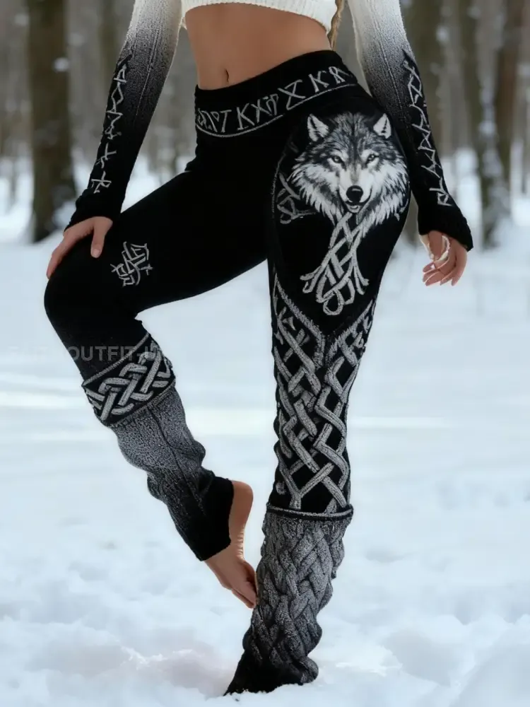 Women’s Retro Viking Wolf Celtic Knot Vigvir Rune Gradient Sports Stretch Leggings