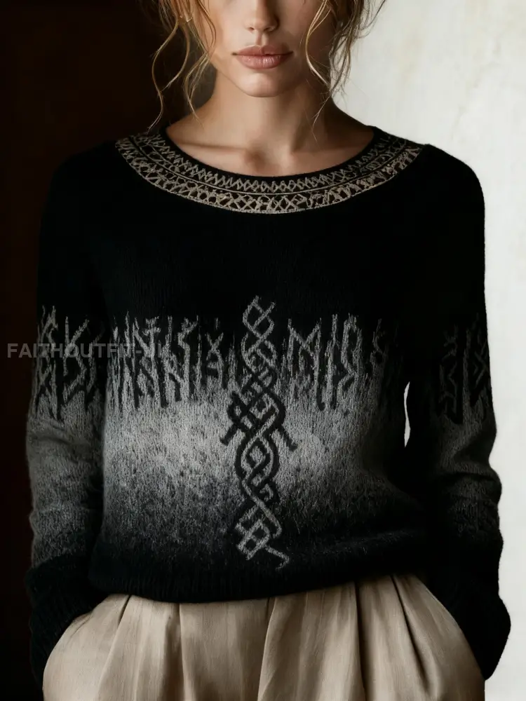 Retro Viking Celtic Knot Runes Gradient Print Long-Sleeve Sweater