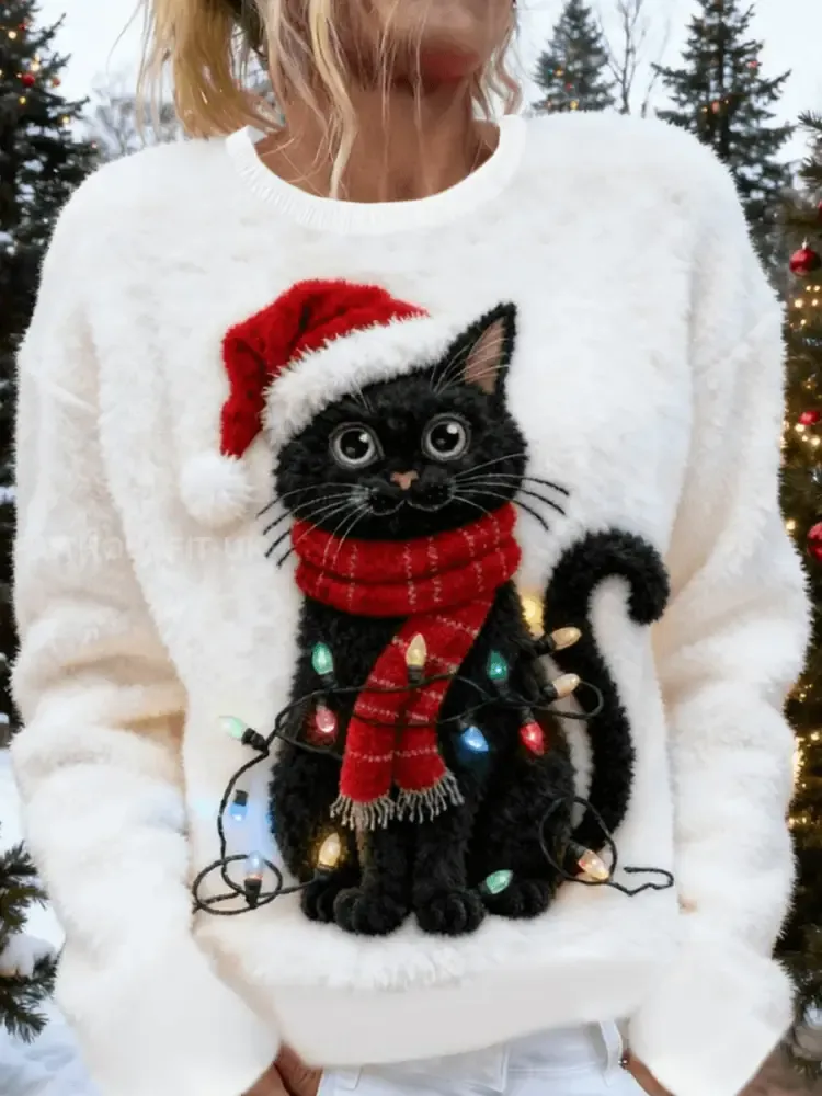 Women’s Cute Christmas Cat Art Print Casual Flannel Sweater