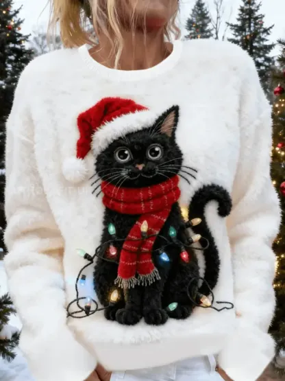Women’s Cute Christmas Cat Art Print Casual Flannel Sweater