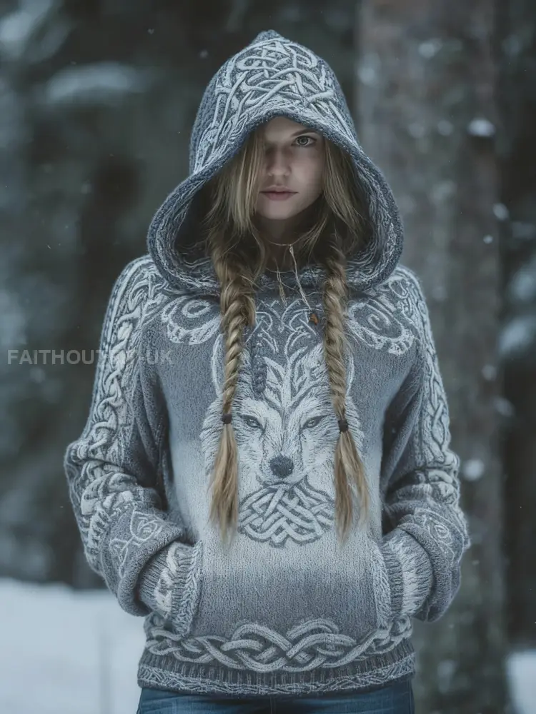 Retro Viking Wolf Celtic Knot Tree Of Life Gradient Print Hooded Sweatshirt