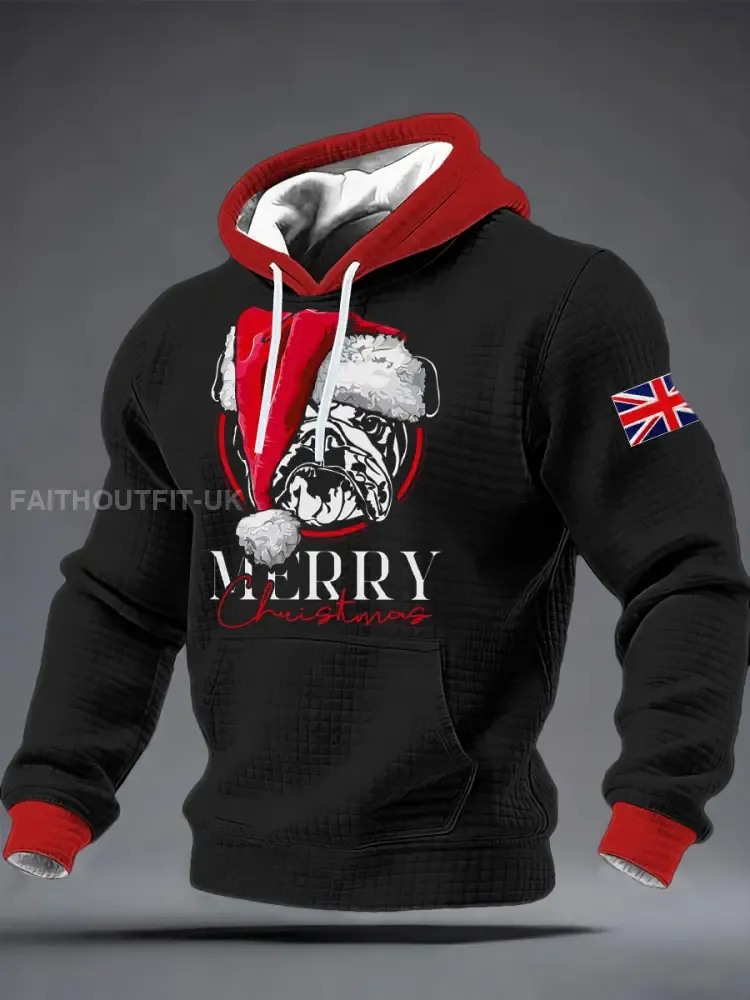 Men’s Merry Christmas Bulldog Print Checkered Cotton Hoodie