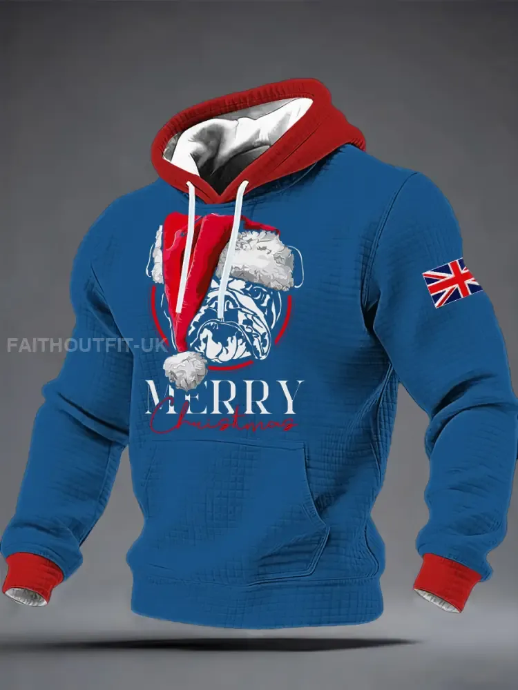 Men’s Merry Christmas Bulldog Print Checkered Cotton Hoodie