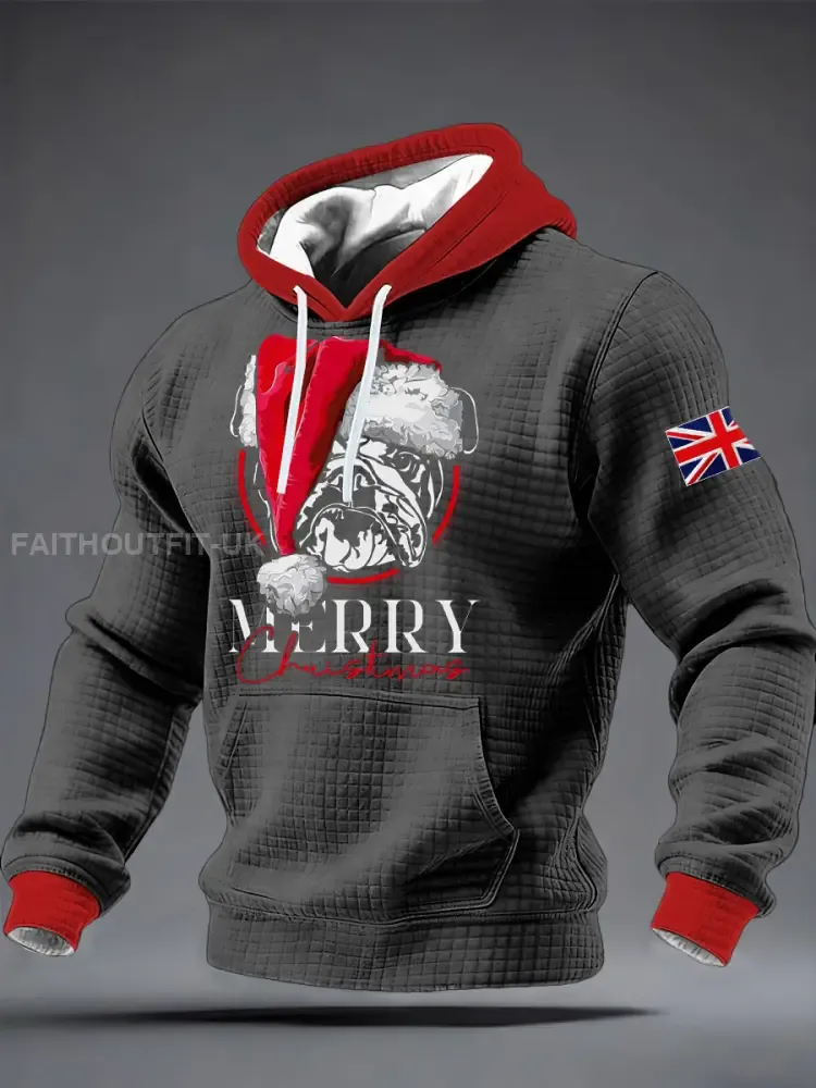 Men’s Merry Christmas Bulldog Print Checkered Cotton Hoodie