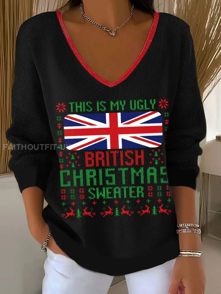 Women’s This Is My Ugly British Christmas Sweater V-Neck Ribbed Top