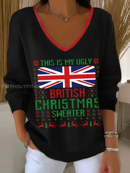 Women’s This Is My Ugly British Christmas Sweater V-Neck Ribbed Top