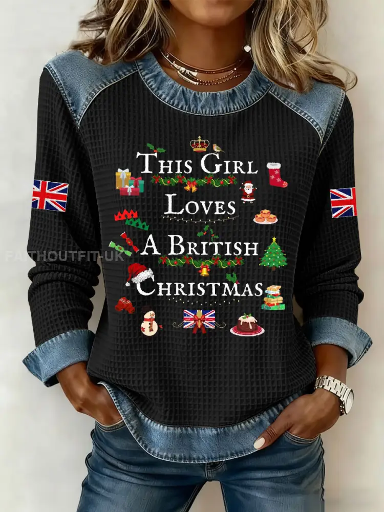 Women’s This Girl Loves A British Christmas Print Denim Patchwork Top