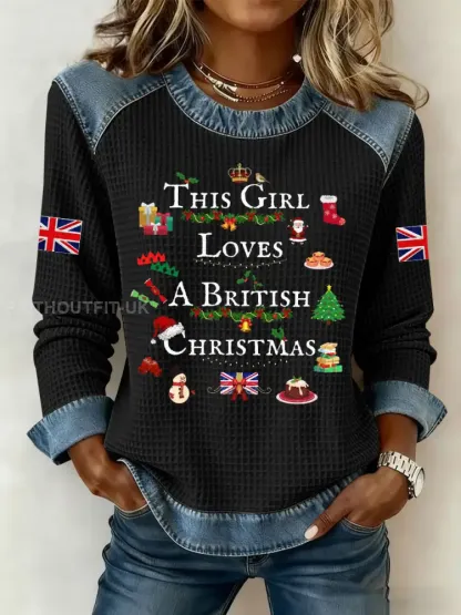 Women’s This Girl Loves A British Christmas Print Denim Patchwork Top