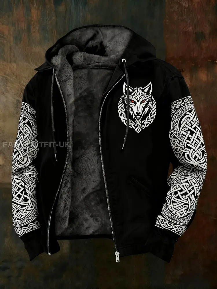 Men’s Retro Viking Celtic Wolf Patchwork Printed Long Sleeved Hooded Jacket