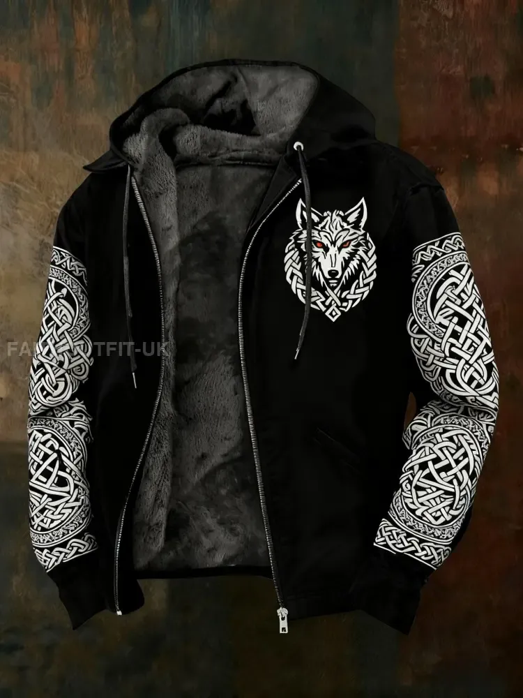 Men’s Retro Viking Celtic Wolf Patchwork Printed Long Sleeved Hooded Jacket
