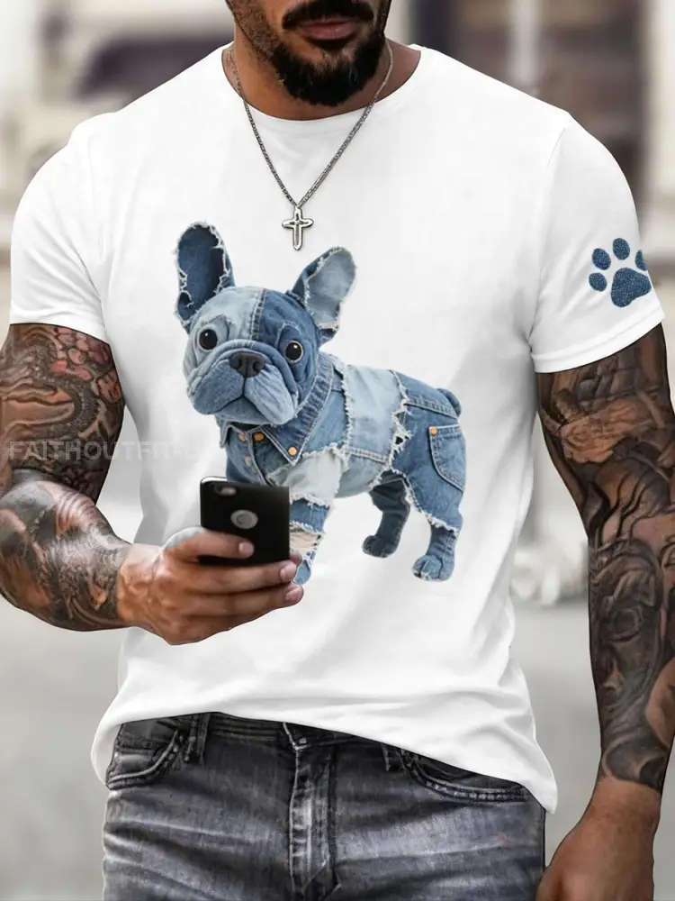 Men’s Denim Patchwork Art French Bulldog Pattern T-Shirt