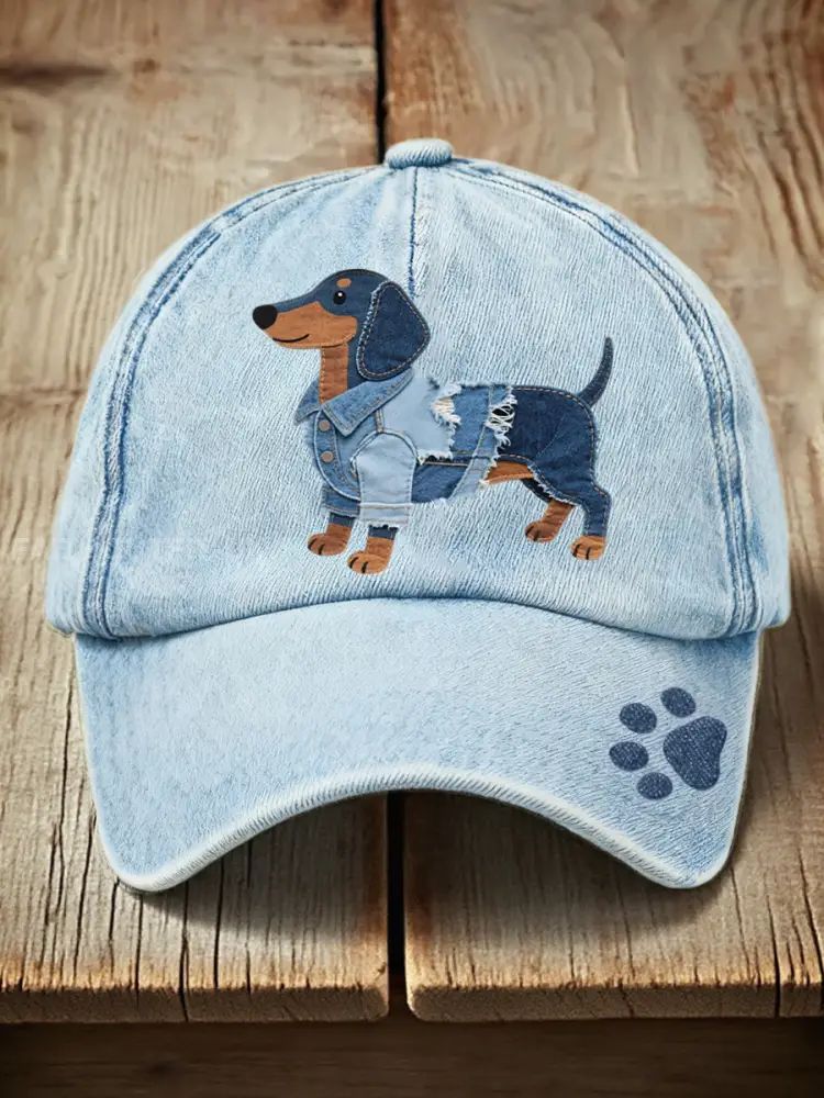 Unisex Denim Patchwork Art Dachshund Dog Pattern Washed Hat - Light Blue · ONE