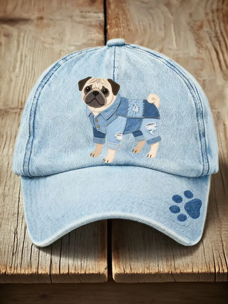 Unisex Denim Patchwork Art Pug Pattern Washed Hat - Light Blue · ONE