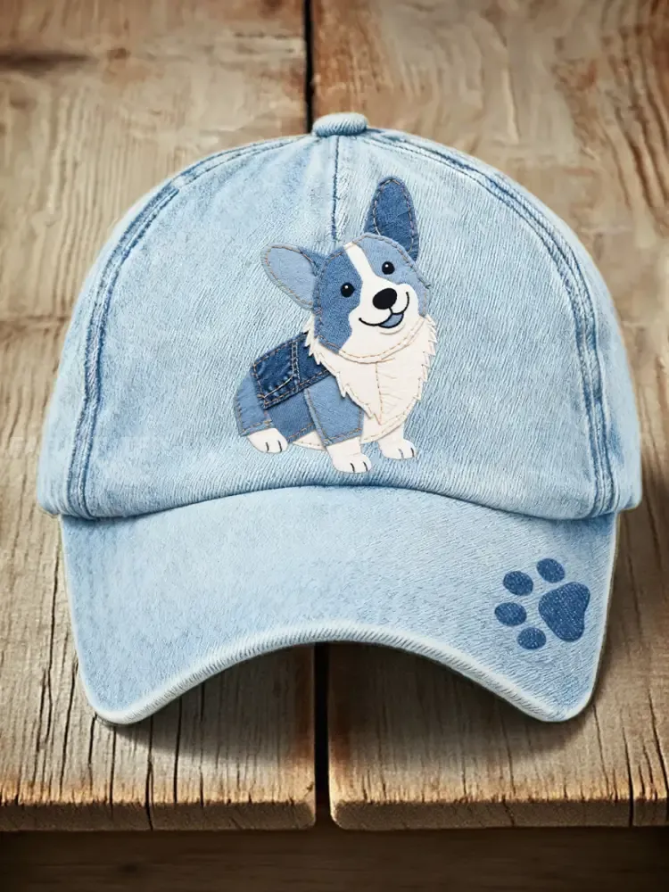 Unisex Denim Patchwork Art Corgi Dog Pattern Washed Hat - Light Blue · ONE