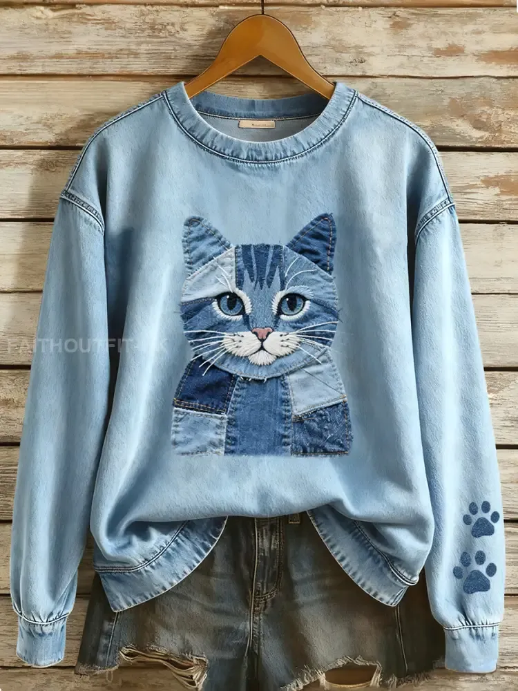 Women’s Denim Patchwork Art Cat Pattern Sweatshirt
