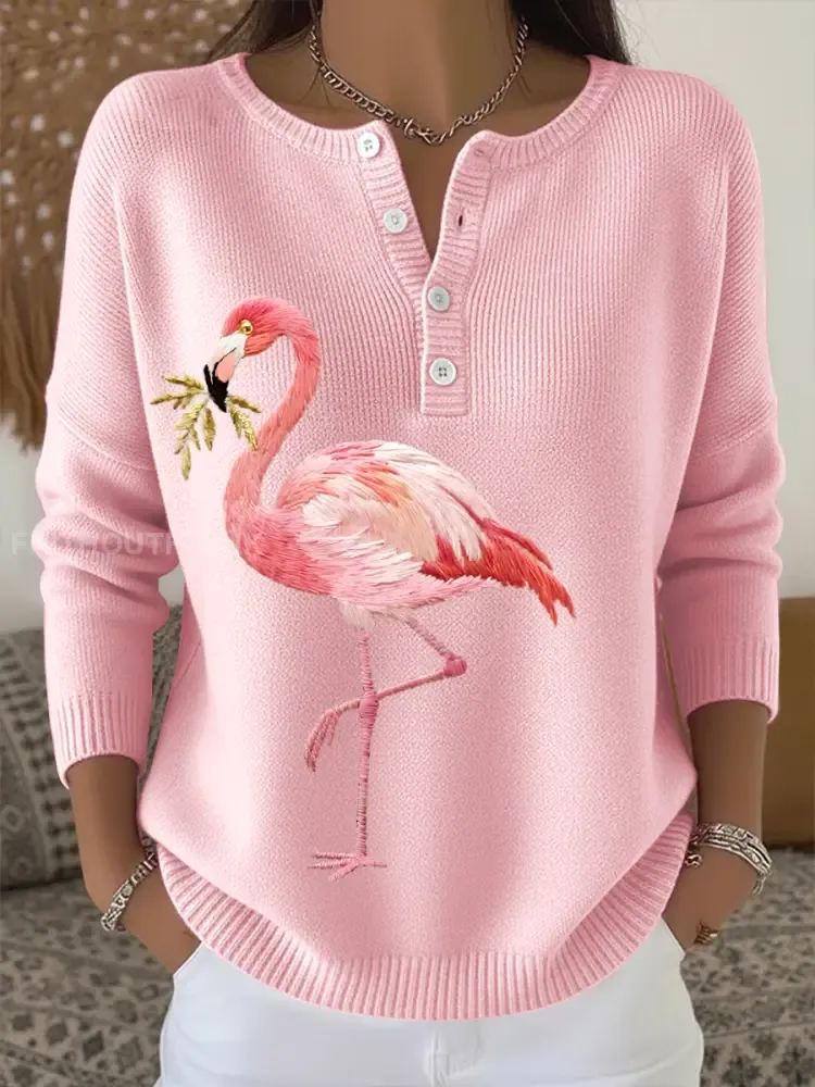 Women’s Flamingo Embroidery Pattern Cozy Knit Sweater