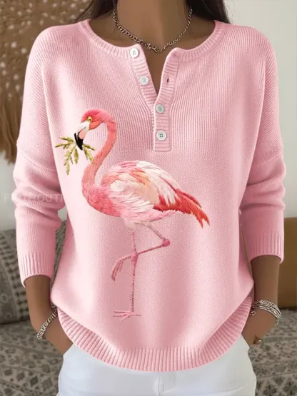 Women’s Flamingo Embroidery Pattern Cozy Knit Sweater
