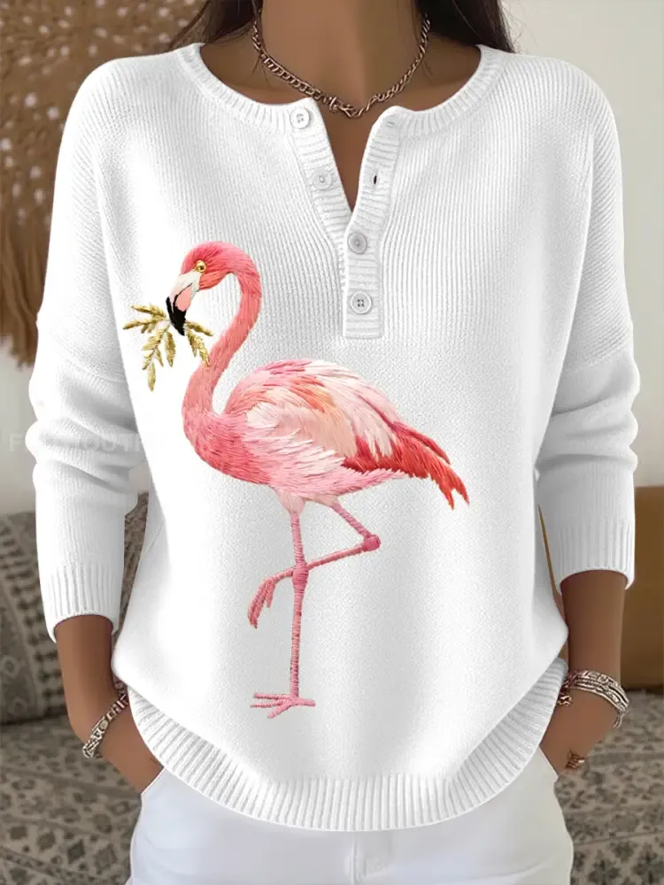 Women’s Flamingo Embroidery Pattern Cozy Knit Sweater
