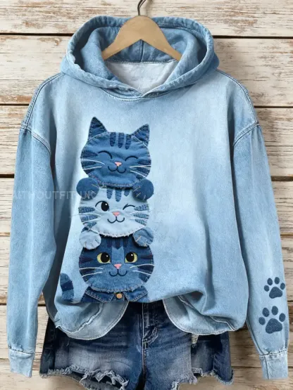 Women’s Denim Patchwork Art Cat Pattern Hoodie