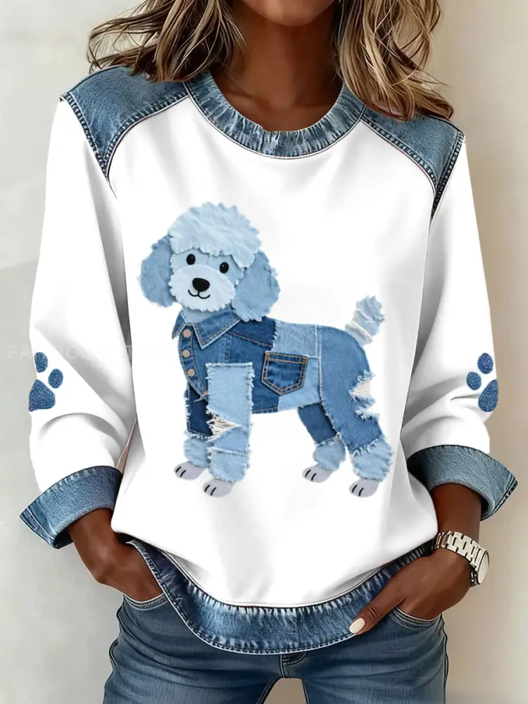 Women’s Lovely Poodle Dog Pattern Denim Patchwork Sweatshirt