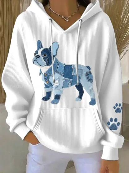 Women’s Denim Patchwork Art French Bulldog Pattern Hoodie