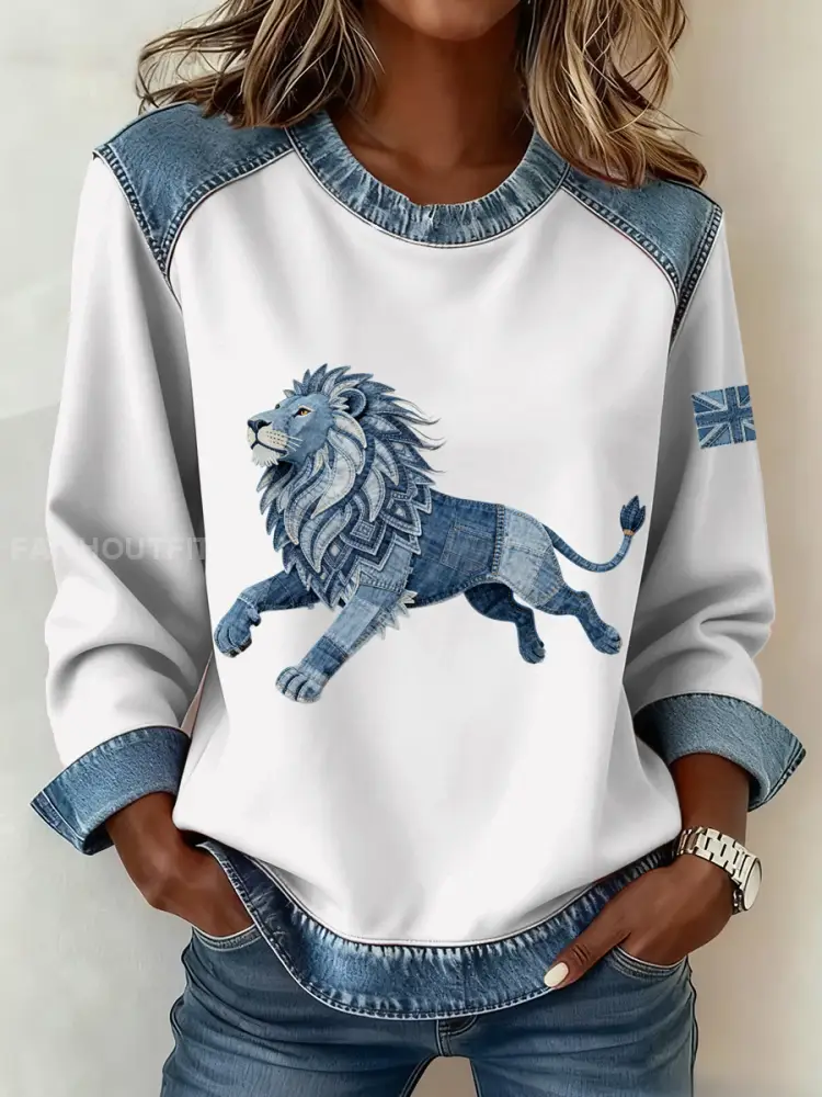 Women’s British Style Denim Lion Patchwork Art Sweatshirt