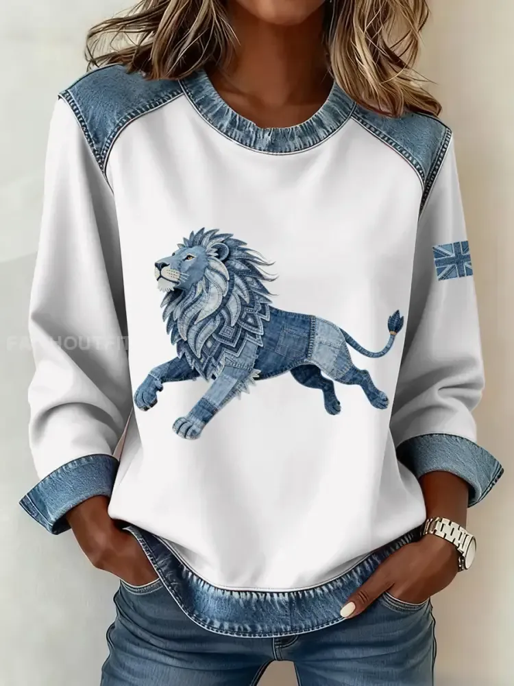 Women’s British Style Denim Lion Patchwork Art Sweatshirt