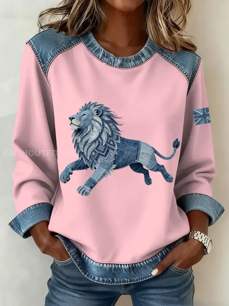 Women’s British Style Denim Lion Patchwork Art Sweatshirt