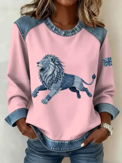 Women’s British Style Denim Lion Patchwork Art Sweatshirt