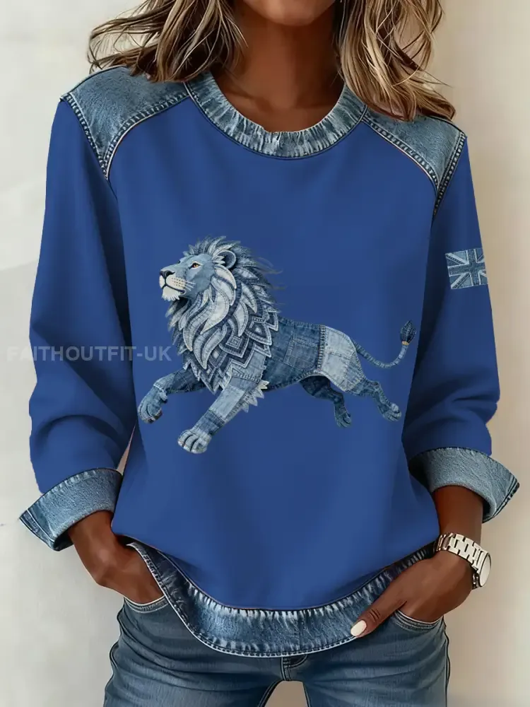 Women’s British Style Denim Lion Patchwork Art Sweatshirt