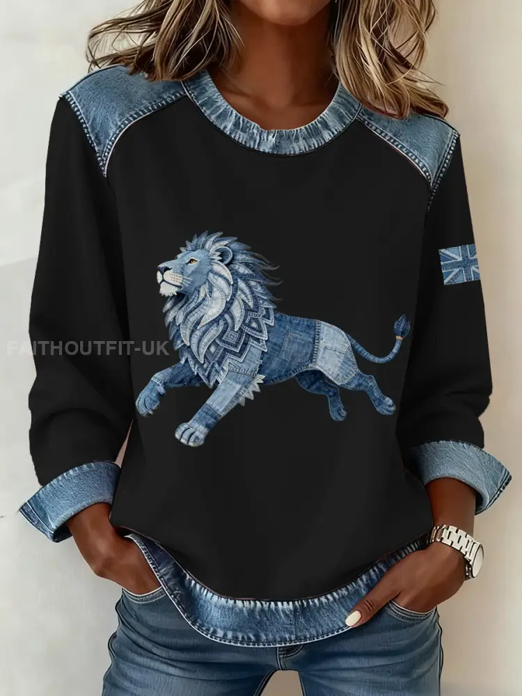 Women’s British Style Denim Lion Patchwork Art Sweatshirt