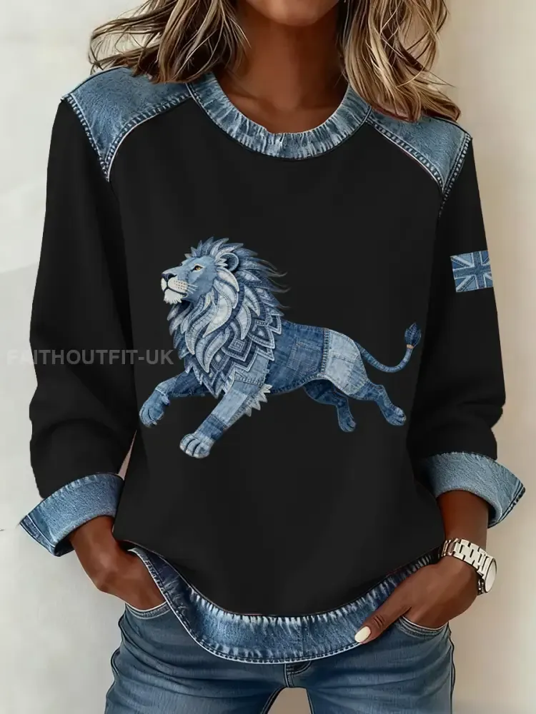 Women’s British Style Denim Lion Patchwork Art Sweatshirt
