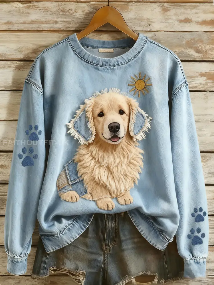 Women’s Retro Denim Patchwork Animal Art Print Casual Comfort Long-Sleeve Sweatshirt