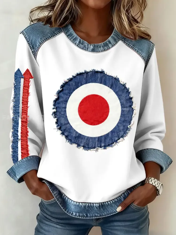 Women’s Modfather UK Music Mods Lover Printed Denim Patchwork Top