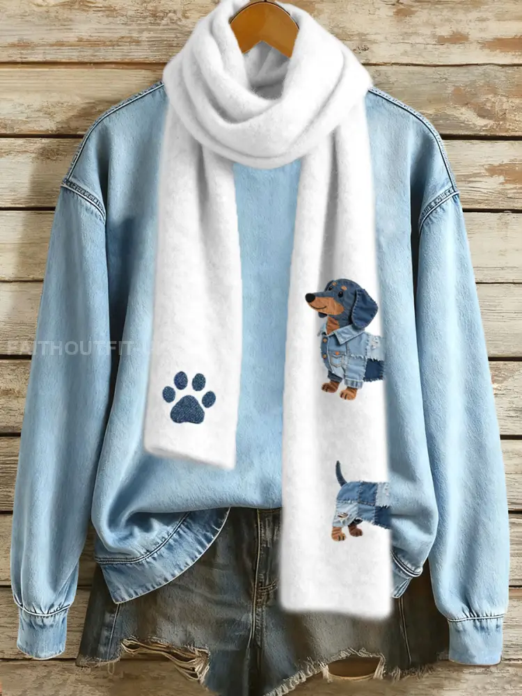 Denim Patchwork Art Dachshund Dog Pattern Scarf - White · ONE
