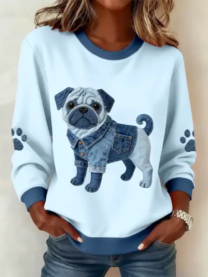 Women’s Lovely Pug Dog Denim Patchwork Pattern Sweatshirt