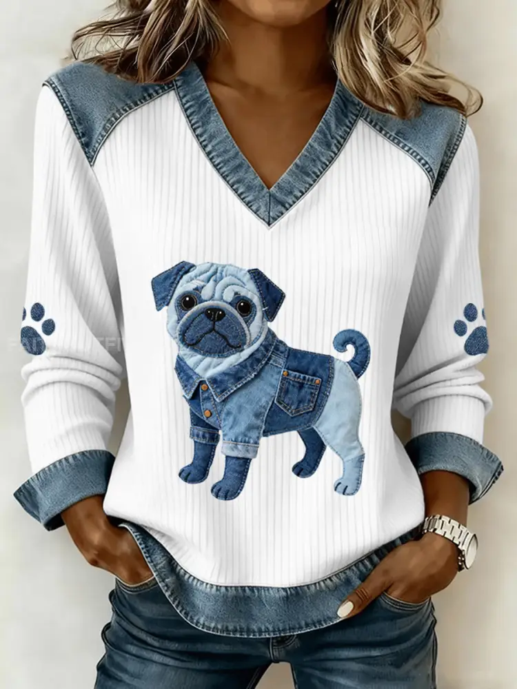 Women’s Lovely Pug Dog Pattern Denim Patchwork V-Neck Top