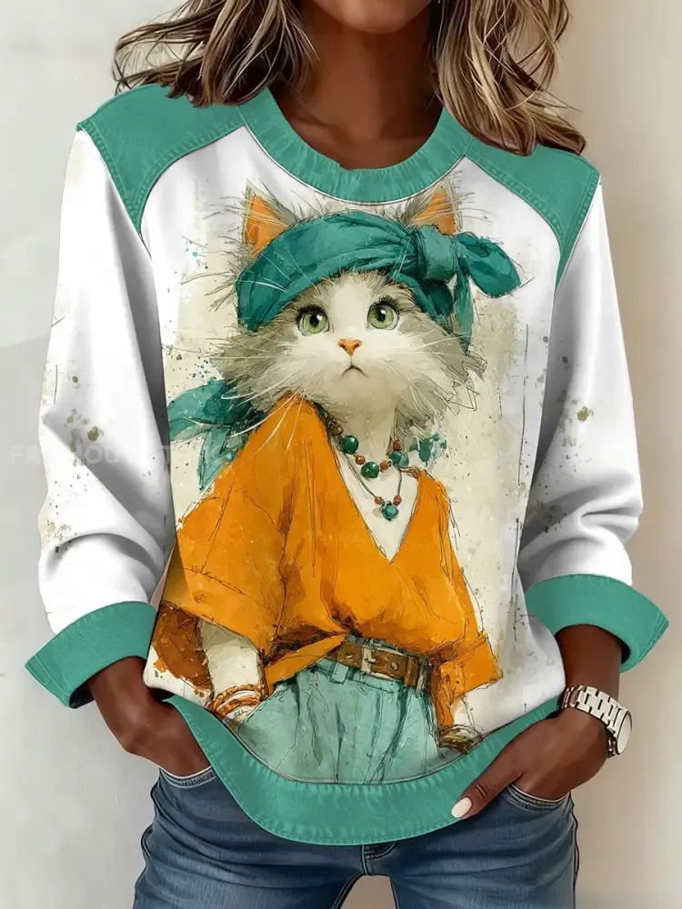 Women’s Cute cat print Patchwork Top