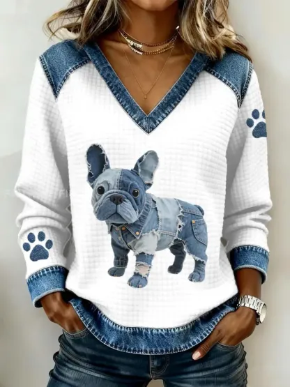 Women’s Lovely French Bulldog Pattern Denim Patchwork V-Neck Top