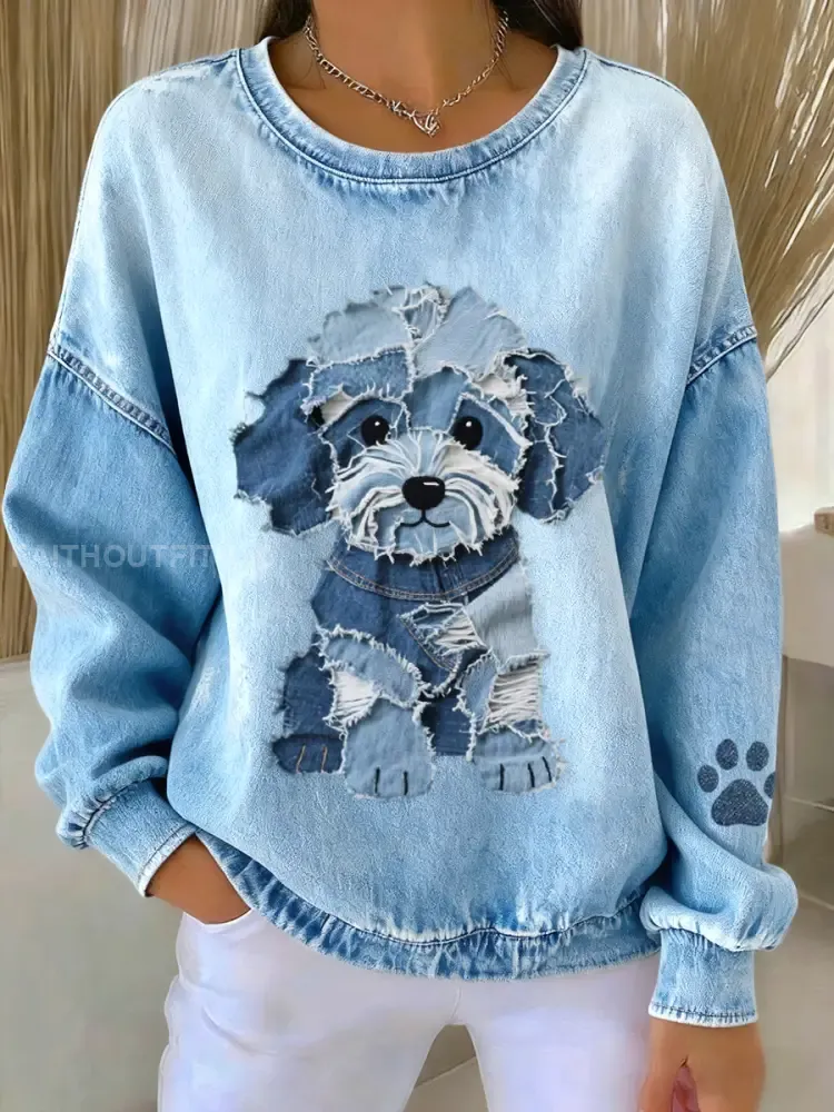 Women’s Lovely Dog Denim Patchwork Pattern Sweatshirt