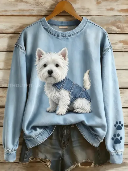 Women’s Retro Denim Patchwork Animal Art Print Casual Comfort Long-Sleeve Sweatshirt