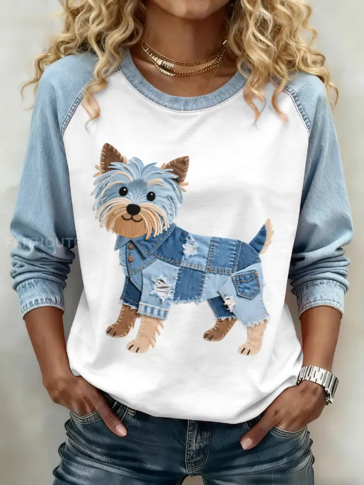 Women’s Denim Patchwork Art Yorkshire Terrier Dog Pattern Sweatshirt