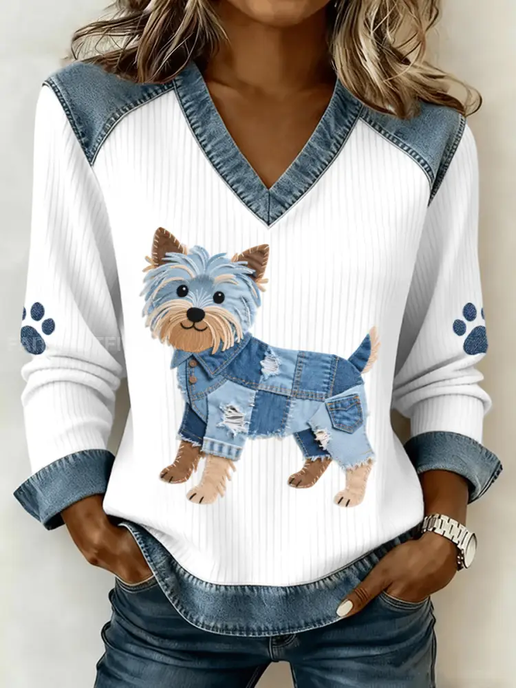 Women’s Lovely Yorkshire Terrier Dog Pattern Denim Patchwork V-Neck Top