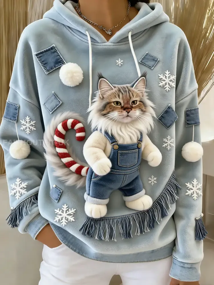 Women’s Retro Animal Art Print Comfortable Flannel Hooded Sweatshirt