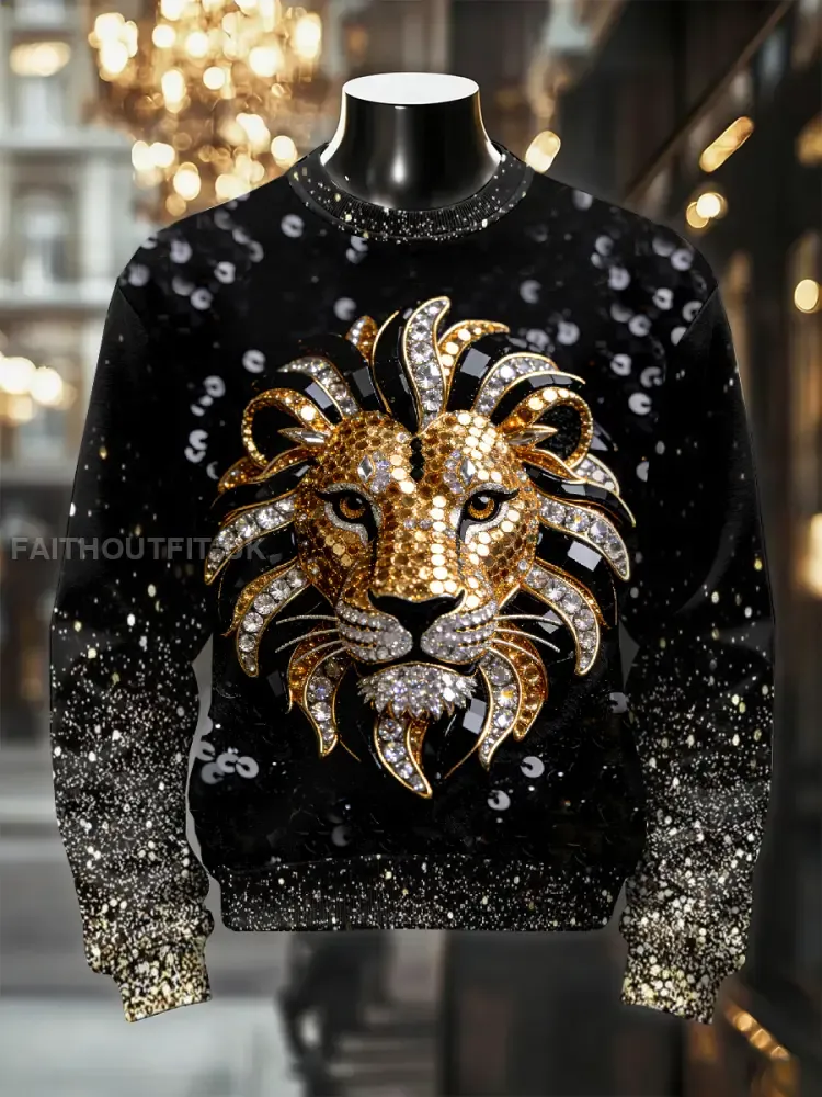 Men’s Retro Luxurious Lion Print Casual Sweatshirt