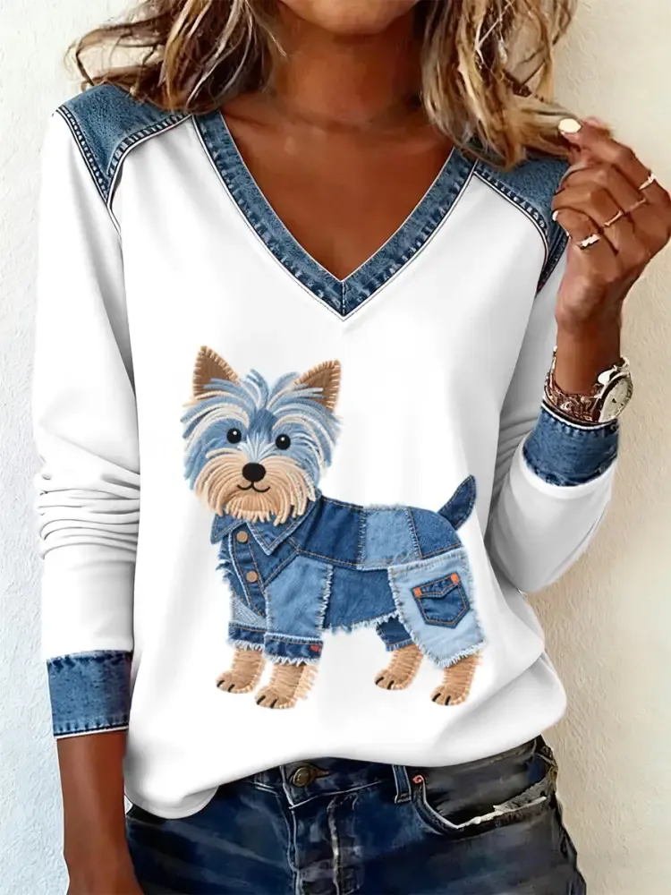 Women’s Denim Patchwork Art Yorkshire Terrier Dog Pattern V-neck Long Sleeve T-Shirt