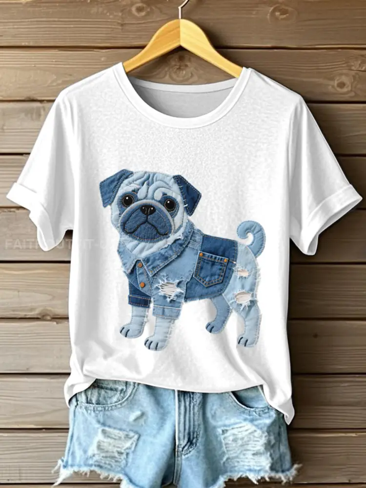 Women’s Lovely Pug Dog Denim Patchwork Pattern T-Shirt