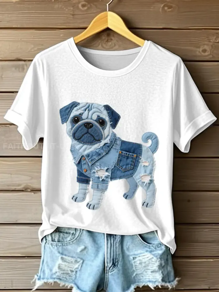 Women’s Lovely Pug Dog Denim Patchwork Pattern T-Shirt