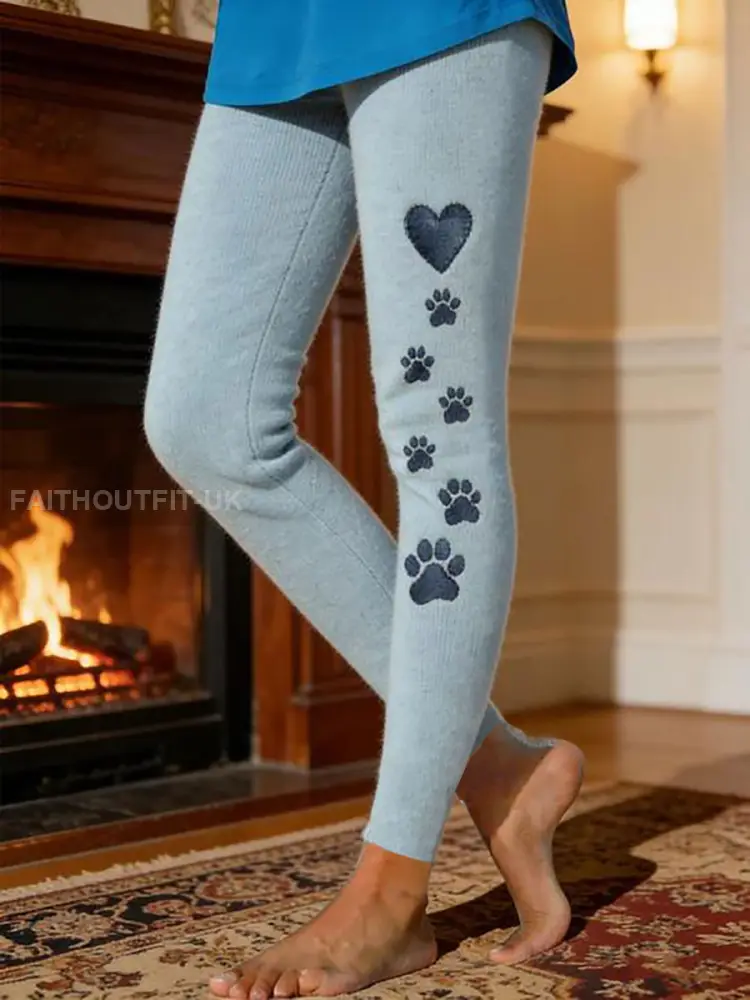 Women’s Dog Paw Print Velvet-Lined Leggings