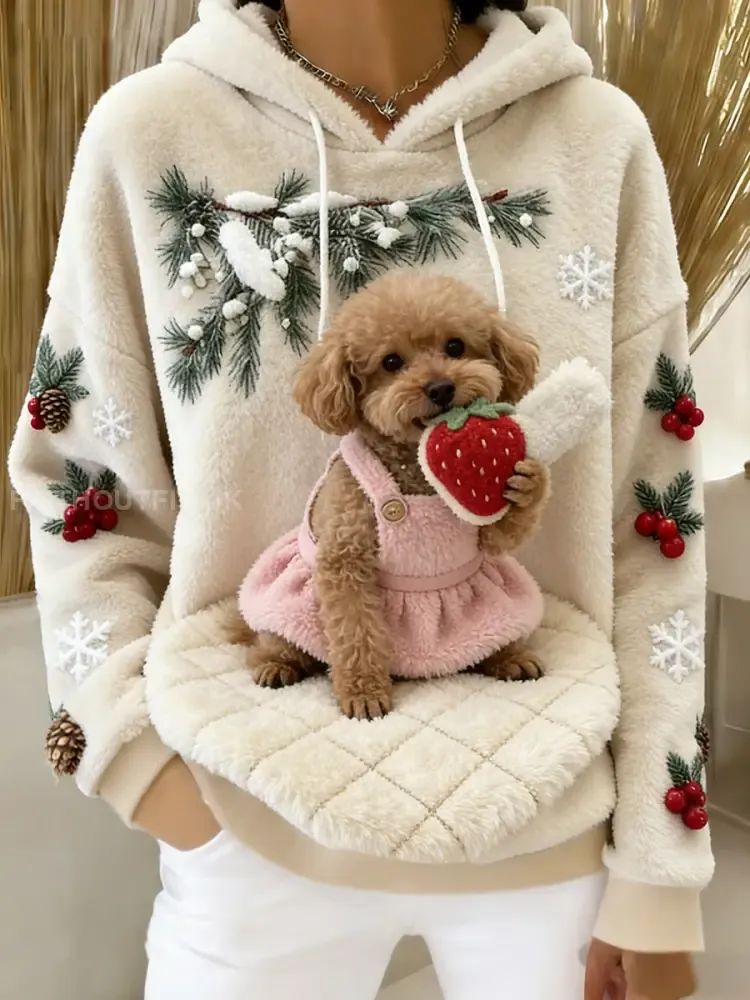 Women’s Retro Animal Art Print Comfortable Flannel Hooded Sweatshirt